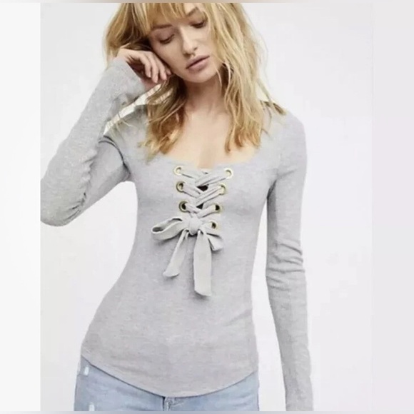 Free People Corset TopTie Neck Long Sleeve Round Neck Textured Fabric Sz S NWOT - Picture 1 of 12